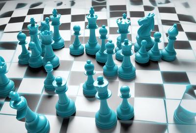 The primary subject of the image is a chessboard with blue chess pieces. The setting is a checkered surface, and the visual style is a photo. The dominant colors are blue and white, creating a calm and focused atmosphere.