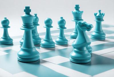 The primary subject of the image is a blue chess set, which includes blue chess pieces and a blue checkered board. The setting is a white background, and the visual style is a photo. The dominant colors are blue and white, creating a calm and focused atmosphere.