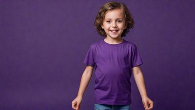 The primary subject of the image is a young boy wearing a purple shirt. He is standing in front of a purple wall, which serves as the setting for the scene. The visual style of the image is a photo, capturing the boy's smile and the purple shirt he is wearing. The colors and mood of the image are predominantly purple, creating a calm and serene atmosphere.