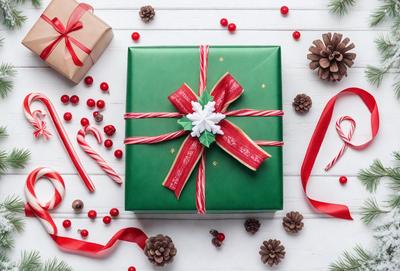 The primary subject of the image is a green and red Christmas gift, which is placed on a white table. The setting is a festive environment, likely during the holiday season. The visual style of the image is a combination of photo and digital art, creating a realistic yet artistic representation of the gift. The colors and mood of the image are predominantly green and red, which are associated with the Christmas season and convey a sense of warmth and joy.