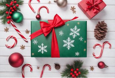 The primary subject of the image is a green and white gift box with a red ribbon. The box is placed on a white surface, which serves as the background. The visual style of the image is a combination of photo and digital art, creating a festive and holiday-themed scene. The colors and mood of the image are predominantly green, white, and red, reflecting the holiday season.