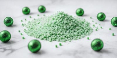 The primary subject of the image is a pile of green balls, which are likely marshmallows. The setting is a white surface, possibly a table or a countertop. The visual style appears to be a photo, as the colors and mood are vibrant and lively. The green balls are the main focus of the image, and they are scattered around the white surface, creating a playful and fun atmosphere.