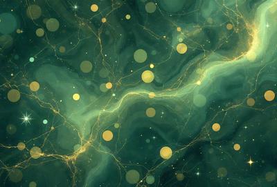 The primary subject of the image is a green background with a pattern of yellow and gold dots. The setting appears to be a digital art or illustration, as the dots are arranged in a visually appealing manner. The visual style is a mix of digital art and traditional drawing, creating a unique and captivating atmosphere. The colors and mood of the image are predominantly green, yellow, and gold, giving it a warm and inviting feel.