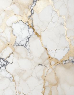 The primary subject of the image is a marble surface with a gold-colored vein running through it. The setting is a white marble countertop, and the visual style is a close-up of the marble surface. The colors and mood of the image are predominantly white and gold, giving it a luxurious and elegant appearance.