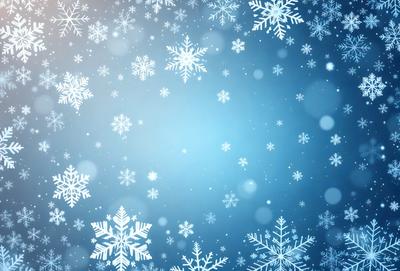 The primary subject of the image is a snowy background with a blue tint. The setting is a winter scene, likely representing a snowy day. The visual style is a digital art or illustration, as the snowflakes are depicted in a detailed and artistic manner. The colors and mood of the image are predominantly blue and white, creating a serene and cold atmosphere.