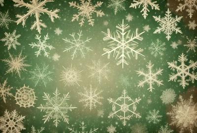 The primary subject of the image is a snowy scene with a green background. The setting is a snow-covered ground, and the visual style is a combination of photo and digital art. The dominant colors are white and green, creating a serene and wintry atmosphere.