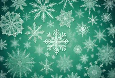 The primary subject of the image is a close-up of a snowflake pattern, which is displayed on a green background. The visual style of the image is a combination of digital art and illustration, creating a unique and eye-catching design. The colors in the image are predominantly white and green, giving the scene a fresh and natural atmosphere.