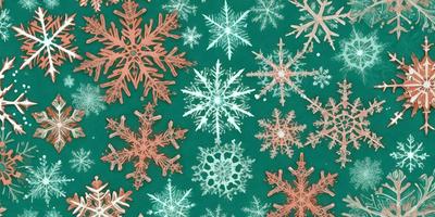 The primary subject of the image is a pattern of snowflakes, which are the main objects in the scene. The snowflakes are arranged in various shapes and sizes, creating a visually appealing and festive design. The setting is a green background, which provides a contrasting and complementary color to the snowflakes. The visual style of the image is a combination of digital art and illustration, as the snowflakes are carefully crafted and arranged to create a cohesive and harmonious pattern