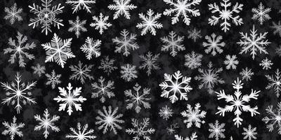 The primary subject of the image is a pattern of white snowflakes. The setting is a black background, which contrasts with the white snowflakes. The visual style is a combination of a photo and digital art, as the snowflakes are arranged in a visually appealing manner. The colors and mood of the image are predominantly white, giving it a clean and serene atmosphere.