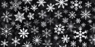 The primary subject of the image is a pattern of white snowflakes. The setting is a black background, which contrasts with the white snowflakes. The visual style is a combination of a photo and digital art, as the snowflakes are arranged in a visually appealing manner. The colors and mood of the image are predominantly white, giving it a clean and serene atmosphere.