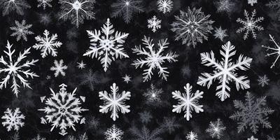 The primary subject of the image is a pattern of white snowflakes. The setting is a black background, which contrasts with the white snowflakes. The visual style is a combination of digital art and illustration, creating a unique and eye-catching design. The dominant colors are white and black, giving the image a clean and crisp appearance. The overall atmosphere is calm and serene, as the snowflakes are the main focus of the image.