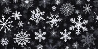The primary subject of the image is a pattern of white snowflakes. The setting is a black background, which contrasts with the white snowflakes. The visual style is a combination of digital art and illustration, creating a unique and eye-catching design. The dominant colors are white and black, giving the image a clean and crisp appearance. The overall atmosphere is calm and serene, as the snowflakes are the main focus of the image.
