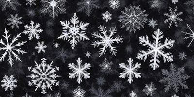 The primary subject of the image is a pattern of white snowflakes. The setting is a black background, which contrasts with the white snowflakes. The visual style is a combination of photo and digital art, creating a unique and eye-catching design. The dominant colors are white and black, giving the image a clean and crisp appearance. The overall atmosphere is calm and serene, as the snowflakes are the main focus of the image.