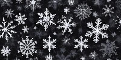 The primary subject of the image is a pattern of white snowflakes. The setting is a black background, which contrasts with the white snowflakes. The visual style is a combination of digital art and illustration, creating a unique and eye-catching design. The dominant colors are white and black, giving the image a clean and minimalist appearance. The overall atmosphere is calm and serene, as the snowflakes are the main focus of the image.