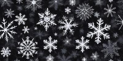 The primary subject of the image is a pattern of white snowflakes. The setting is a black background, which contrasts with the white snowflakes. The visual style is a combination of digital art and illustration, creating a unique and eye-catching design. The dominant colors are white and black, giving the image a clean and minimalist appearance. The overall atmosphere is calm and serene, as the snowflakes are the main focus of the image.