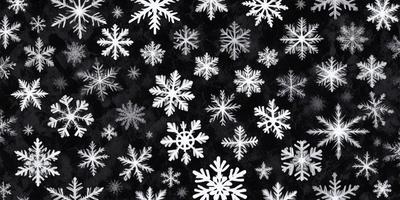 The primary subject of the image is a pattern of white snowflakes. The setting is a black background, which contrasts with the white snowflakes. The visual style is a combination of digital art and illustration, creating a unique and eye-catching design. The dominant colors are white and black, giving the image a clean and minimalist appearance. The overall atmosphere is calm and serene, as the snowflakes are the main focus of the image.