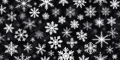 The primary subject of the image is a pattern of white snowflakes. The setting is a black background, which contrasts with the white snowflakes. The visual style is a combination of digital art and illustration, creating a unique and eye-catching design. The dominant colors are white and black, giving the image a clean and minimalist appearance. The overall atmosphere is calm and serene, as the snowflakes are the main focus of the image.