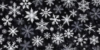 The primary subject of the image is a pattern of white snowflakes. The setting is a black background, which contrasts with the white snowflakes. The visual style is a combination of a photo and digital art, as the snowflakes are arranged in a visually appealing manner. The colors and mood of the image are predominantly white, giving it a clean and serene atmosphere.