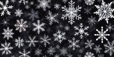 The primary subject of the image is a pattern of white snowflakes. The setting is a black background, which contrasts with the white snowflakes. The visual style is a combination of photo and digital art, creating a unique and eye-catching design. The dominant colors are white and black, giving the image a clean and minimalist appearance. The overall atmosphere is calm and serene, as the snowflakes create a sense of tranquility and beauty.