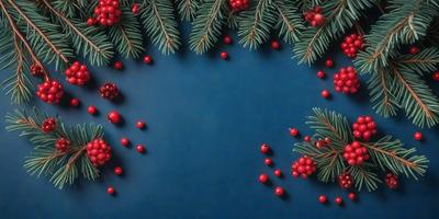 The primary subject of the image is a blue background with a pattern of red berries and green leaves. The setting is a blue wall, and the visual style is a combination of photo and digital art. The dominant colors are blue, red, and green, creating a warm and inviting atmosphere.
