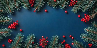 The primary subject of the image is a close-up of a pine tree with red berries. The tree is adorned with red berries, creating a beautiful and festive scene. The setting is a blue background, which adds a contrasting color to the image. The visual style is a close-up of the tree, showcasing the details of the berries and branches. The colors and mood of the image are predominantly red and green, giving it a warm and inviting atmosphere.