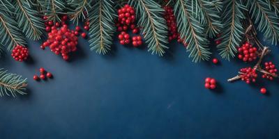 The primary subject of the image is a close-up of a blue surface with a few red berries scattered on it. The setting is a dark blue background, and the visual style appears to be a photo. The colors and mood of the image are predominantly dark and moody, with the red berries providing a touch of brightness and contrast.