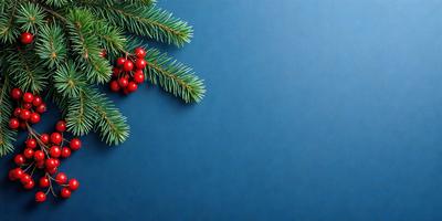 The primary subject of the image is a close-up of a pine tree with red berries on it. The tree is placed on a blue background, which creates a striking contrast between the red berries and the blue surface. The visual style of the image is a photo, capturing the details of the pine tree and its berries. The colors and mood of the image are vibrant and lively, with the red berries standing out against the blue background.