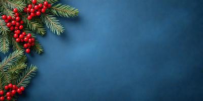 The primary subject of the image is a pine tree branch, which is placed on a blue background. The setting appears to be a dark room, and the visual style is a close-up of the branch. The colors in the image are predominantly blue, creating a calm and serene atmosphere.