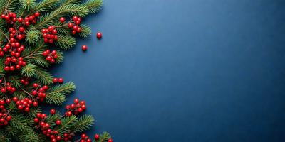 The primary subject of the image is a close-up of a pine tree with red berries. The tree is adorned with a few red berries, creating a visually appealing scene. The setting is a blue background, which contrasts nicely with the red berries. The visual style of the image is a close-up of the pine tree, emphasizing the details of the berries. The colors and mood of the image are predominantly red and green, giving it a warm and inviting atmosphere.