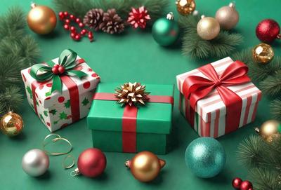 The primary subject of the image is a green box with a bow on top, which is placed on a green surface. The setting is a Christmas-themed scene, with a pine tree in the background. The visual style is a combination of photo and digital art, creating a festive and colorful atmosphere. The dominant colors are green and red, which are associated with Christmas and holiday celebrations.