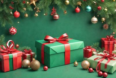 The primary subject of the image is a green and red gift box with a bow on top. The box is placed on a green background, which adds a festive touch to the scene. The visual style of the image is a combination of photo and digital art, creating a realistic yet artistic representation of the gift box. The colors and mood of the image are predominantly green and red, which are associated with holiday celebrations and gift-giving.
