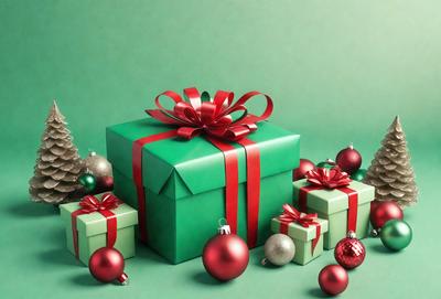 The primary subject of the image is a green box with a bow on top, which is placed on a green surface. The setting is a Christmas-themed environment, with Christmas ornaments surrounding the box. The visual style is a combination of photo and digital art, creating a festive and colorful atmosphere. The dominant colors are green and red, which are associated with Christmas and holiday celebrations.