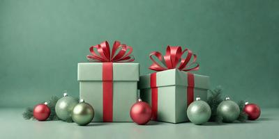 The primary subject of the image is a pair of green gift boxes, each adorned with a red bow. The setting is a green background, which creates a festive and holiday atmosphere. The visual style is a photo, capturing the details of the gift boxes and their decorations. The colors and mood of the image are predominantly green and red, symbolizing the holiday season and the joy of giving gifts.