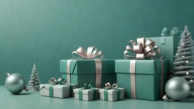 The primary subject of the image is a set of three wrapped presents, each with a bow. The presents are placed on a table, and the background is a green surface. The visual style of the image is a photo, and the colors and mood are predominantly green, creating a calm and festive atmosphere.