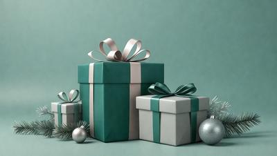 The primary subject of the image is a green and white gift box. The setting is a green background, which creates a contrast with the colors of the gift box. The visual style is a photo, capturing the details of the gift box. The colors and mood of the image are predominantly green and white, giving it a festive and holiday-themed appearance.