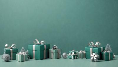 The primary subject of the image is a collection of wrapped presents, which are placed on a table. The setting is a green background, which adds a sense of freshness and naturalness to the scene. The visual style is a combination of photo and digital art, creating a realistic yet artistic representation of the presents. The colors and mood of the image are predominantly green, which is associated with nature and tranquility.