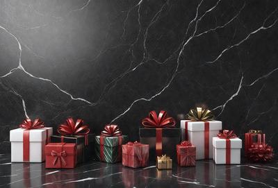 The primary subject of the image is a collection of red and green wrapped presents. The presents are placed on a black marble countertop, which serves as the setting for the scene. The visual style of the image is a photo, capturing the details of the presents and the countertop. The colors and mood of the image are predominantly red and green, creating a festive and warm atmosphere.