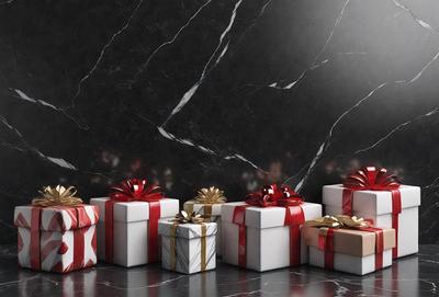 The primary subject of the image is a collection of six white and red gift boxes, each with a bow on top. The setting is a black marble countertop, which serves as the backdrop for the gift boxes. The visual style is a combination of photo and digital art, creating a realistic yet artistic representation of the gift boxes. The colors and mood of the image are predominantly white and red, giving it a festive and celebratory atmosphere.