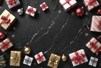 The primary subject of the image is a collection of gold and red Christmas presents. The presents are arranged in a circular pattern, with some of them placed on a black surface. The setting appears to be a festive and celebratory environment, likely during the holiday season. The visual style of the image is a combination of photo and digital art, creating a vibrant and lively atmosphere. The dominant colors of the image are gold and red, which are associated with Christmas and convey a warm and joyful mood.