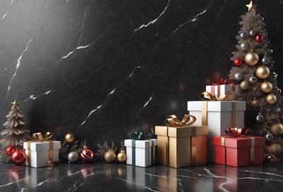 The primary subject of the image is a collection of wrapped Christmas presents. The setting is a black marble countertop, and the visual style is a photo. The colors and mood of the image are predominantly gold and red, creating a warm and festive atmosphere.