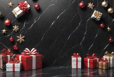 The primary subject of the image is a display of red and white presents. The presents are placed on a black marble countertop, which serves as the setting for the scene. The visual style of the image is a photo, capturing the details of the presents and the countertop. The dominant colors in the image are red and white, creating a festive and celebratory atmosphere.