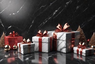 The primary subject of the image is a collection of five red and white presents, each with a bow on top. The presents are arranged on a black marble countertop, which serves as the setting for the scene. The visual style of the image is a photo, capturing the details of the presents and their arrangement. The colors and mood of the image are predominantly red and white, giving it a festive and celebratory atmosphere.