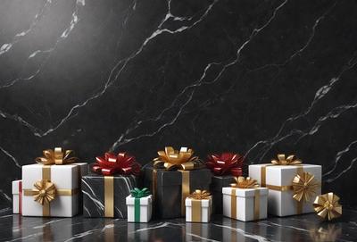 The primary subject of the image is a collection of wrapped presents, which are placed on a black marble countertop. The setting is a black marble wall, which serves as the background for the presents. The visual style of the image is a photo, capturing the details of the presents and the marble surface. The colors and mood of the image are predominantly black and white, with the gold ribbon on the presents adding a touch of warmth and festivity to the scene.