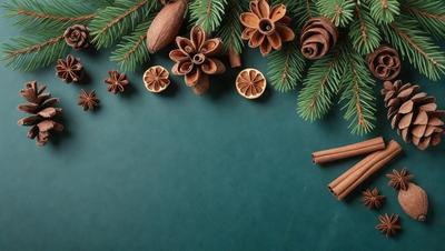 The primary subject of the image is a close-up of a cinnamon stick. The setting is a green background, and the visual style appears to be a photo. The colors in the image are predominantly green and brown, creating a warm and earthy atmosphere.