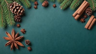 The primary subject of the image is a green background with a variety of pine cones and stars scattered across it. The setting appears to be a winter scene, possibly a holiday-themed background. The visual style of the image is a combination of digital art and illustration, creating a unique and festive atmosphere. The colors and mood of the image are predominantly green and white, with a touch of red from the pine cones, giving it a warm and cozy feel.