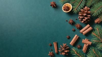 The primary subject of the image is a close-up of a pine tree with cinnamon sticks and star-shaped ornaments scattered around it. The setting is a green background, and the visual style appears to be a combination of photo and digital art. The colors are predominantly green and brown, creating a warm and natural atmosphere.
