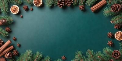 The primary subject of the image is a green table with a blue background. The table is adorned with a variety of pine cones, creating a festive and natural atmosphere. The visual style of the image is a combination of photo and digital art, giving it a unique and creative appearance. The colors and mood of the image are predominantly green and blue, with the pine cones adding a touch of warmth and natural beauty to the scene.