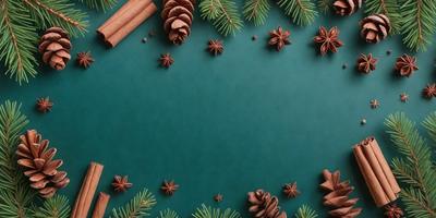 The primary subject of the image is a green table with a variety of pine cones and cinnamon sticks scattered across it. The setting is a table with a green surface, and the visual style appears to be a combination of photo and digital art. The colors and mood of the image are predominantly green and earthy, with a touch of warmth from the cinnamon sticks.
