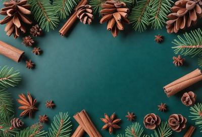The primary subject of the image is a green table with a round frame, featuring a variety of pine cones and cinnamon sticks. The setting is a tabletop, and the visual style is a combination of photo and digital art. The colors and mood of the image are warm and inviting, with the green table and the natural elements of pine cones and cinnamon sticks creating a cozy and festive atmosphere.