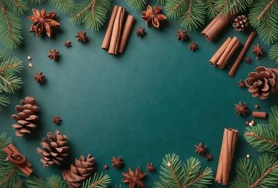 The primary subject of the image is a green table with a variety of cinnamon sticks and pine cones arranged on it. The setting is a table with a blue background, and the visual style appears to be a combination of a photo and digital art. The colors and mood of the image are warm and inviting, with the cinnamon sticks and pine cones adding a touch of natural beauty to the scene.